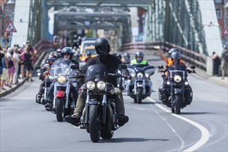 Harley Days Dresden, big ride through the city, here at the Elbe bridge Blaue Wunder