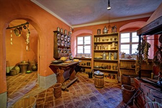 Historical kitchen, Mildenstein Castle, Leisnig, Saxony, Germany, Europe