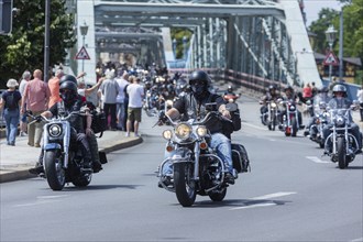 Harley Days Dresden, big ride through the city, here at the Elbe bridge Blaue Wunder