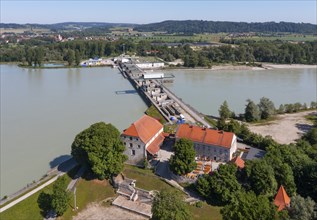 Drone shot, Inn power plant Ering Frauenstein, Frauenstein Castle, Mining, Inn, Innviertel, Upper