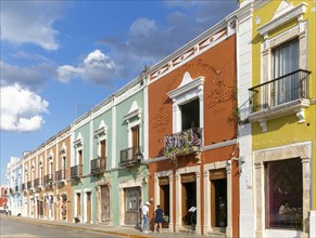 Marganzo restaurant in row of colourful Spanish colonial buildings, Campeche city, Campeche State,