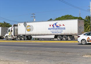 Vehicles road traffic on highway 307, Bacalar, Quintana Roo, Mexico, Tlasa Refrigerated vehicle,