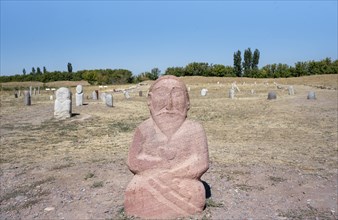 Balbals, historical gravestones in the shape of human faces, near Tokmok, Chuy, Kyrgyzstan, Asia