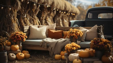 Vintage truck bed filled with fall themed decorations and pillows, generative AI