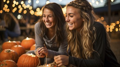 Happy young friends enjoying the fall pumpkin harvest festivities outside, generative AI