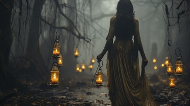 Mysterious female ghost figure walking amongst spanish moss, forest and candlelit lanterns on