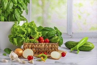 Fresh vegetables in basket, salad ingredients, cucumber with peeler, tomatoes, lettuce, basil,