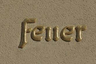 Lettering brass fire at the fire station, golden, inscription, metal, Plauen, Vogtland, Saxony,