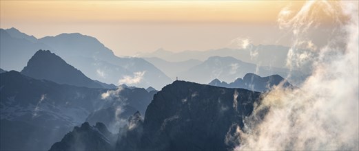 Evening mood, silhouettes, dramatic mountain landscape, view from Hochkönig, Salzburger Land,