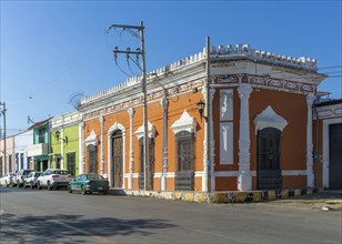 Spanish colonial architecture of buildings in barrio San Roman, Campeche city, Campeche State,