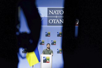 Ukrainian President Volodymyr Selensky, pictured at a joint press conference at the NATO summit in