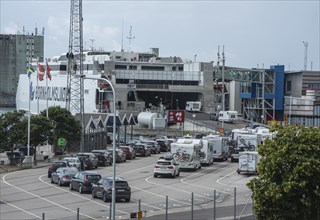 He Bornholm line's ferry Express 5 loading cars in Ystad harbor. It is the world's largest