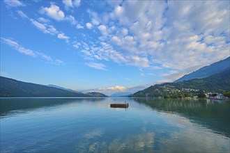 Lake, reflection, bathing raft, sky, clouds, sunrise, summer, Lake Millstatt, Döbriach, Carinthia,