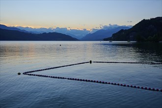 Lake, floating chain, buoy, outdoor pool, sunset, summer, Lake Millstatt, Döbriach, Carinthia,