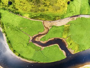 Top Down over Sharpham Meadows and Marsh over River Dart from a drone, Totnes, Devon, England,