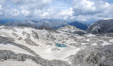 Mountain lake, snow remains, high alpine landscape, Übergossene Alm, Berchtesgaden Alps, Salzburger