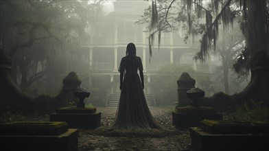 Eerie haunting ghostly female figure walking in front of a foggy southern plantation antebellum