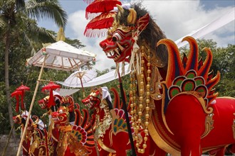 In the cremation ground, the colourful sarcophagi at a corpse cremation (Ngaben), Ubud, Bali,