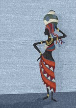 African woman carrying water, copy space vector art graphic mosaic template