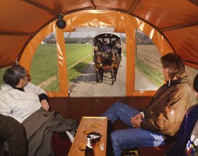 DEU, Germany: The historical slides from the times 80-90s, Mettingen. Covered wagon trip on 21.4.91