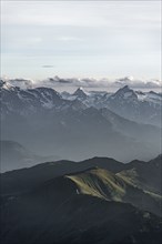 Evening mood, silhouettes, dramatic mountain landscape, view from Hochkönig, Salzburger Land,