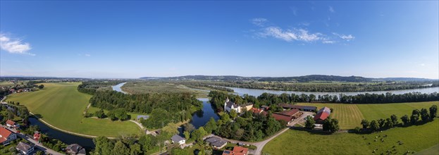 Drone shot, Renaissance castle, Hagenau Castle, Inn, Sankt Peter am Hart, Innviertel, Upper