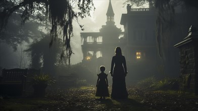 Eerie haunting ghostly silhouetted female and child figures walking in front of a foggy southern