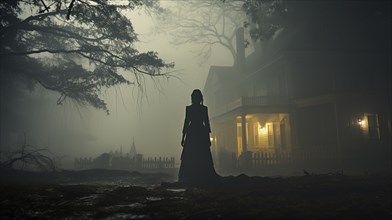 Eerie haunting ghostly female figure walking in front of a foggy southern plantation antebellum