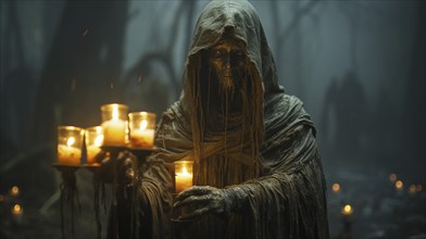 Ghostly hood draped figure walking in foggy forest setting carrying candles on halloween night,