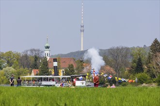 Steamship parade of the historic paddle steamers., in the background the Schifferkirche Maria am