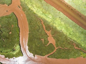 Top Down over River Otter Estuary Nature Reserve from a drone, Budleigh Salterton Beach, Devon,