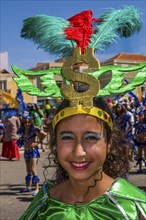 Colourful costumed, pretty woman. Carnival. Mindelo. Cabo Verde. Africa