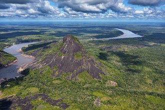 Aerial of the huge granite hills, Cerros de Mavecure, Eastern Colombia