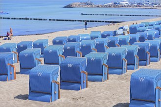 Blue beach chairs on the beach of Kühlungsborn, Mecklenburg-Vorpommern, Germany, Europe