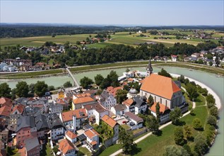 Drone shot, collegiate church, Laufen an der Salzach, Rupertiwinkel, Upper Bavaria, Bavaria,