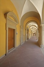 Arcade of the baroque Fürstenbau, Juliasspital, orange, yellow, vanishing point, perspective,