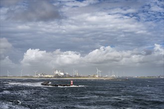 Noordpier Wijk Aan Zee, wind turbines and the steelworks of Tata Steel, North Holland, Netherlands