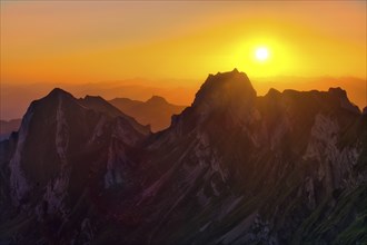 Alpstein Mountains at sunrise, view of Mount Hoher Kasten, Canton Appenzell Innerrhoden,