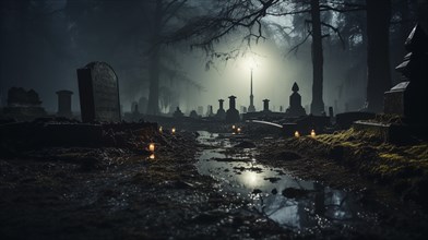 Foggy eerie haunted cemetery on halloween night, generative AI