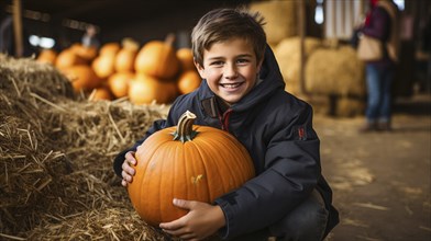 Happy young boy showing off his large ripe fall pumpkin at the pumpkin patch, generative AI