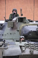 Driver and commander in turret of Leopard 1 battle tank of the Belgian army, Belgium, Europe