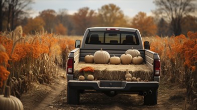 Truck bed filled with fall themed decorations and pillows, generative AI