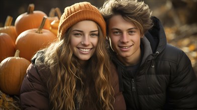 Young boyfriend and girlfriend enjoying the fall pumpkin patch on an autumn day, generative AI