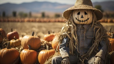 Scary ghostly halloween scarecrow figure sitting amongst the country pumpkin patch, generative AI