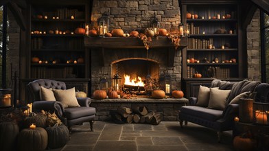 Fall and halloween decorated cozy fireplace interior setting, generative AI