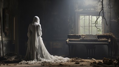 Mysterious and spooky female figure covered in sheer garment standing next to an old dusty piano in