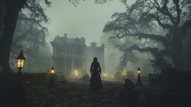 Eerie haunting ghostly female figure walking in front of a foggy southern plantation antebellum