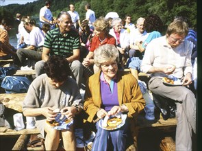 DEU, Germany: The historical slides from the times 80-90s . a.o. doctors on a raft trip on the Isar