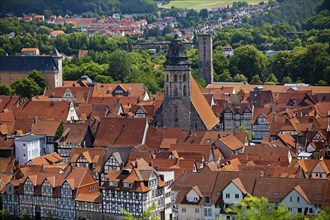 Town view from an elevated viewpoint with the church of St. Blasius, Hann. Münden or Hannoversch