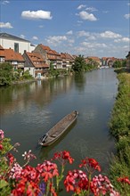 Houses, Boat, Little Venice, Regnitz, Bamberg, Upper Franconia, Bavaria, Germany, Europe